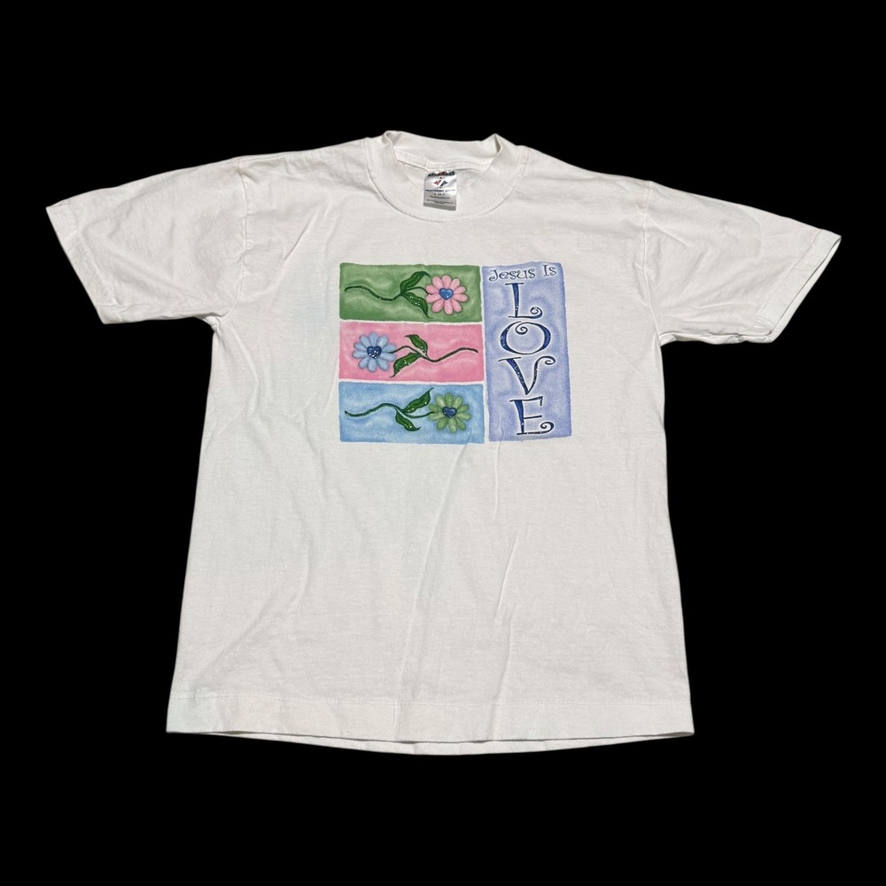 Vintage 90s‎ Jerzees Jesus is Love Floral White Religion Cotton Shirt Women's S